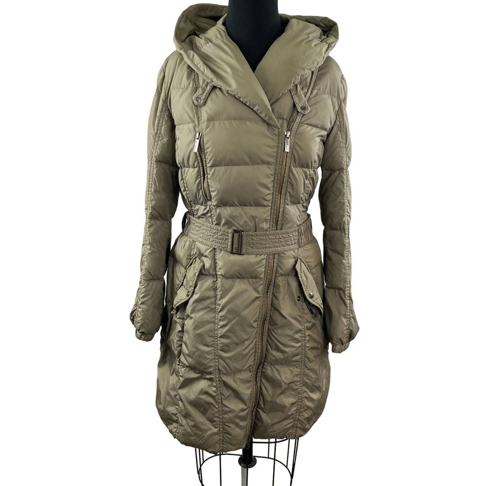 ADD Beige Taupe Quilted Midi Long Sleeve Belted Fitted Puffer Jacket 8